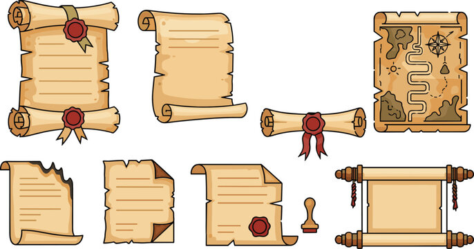 Old parchment scrolls and vintage paper collection with ancient documents seals and treasure map in flat cartoon vector illustration set