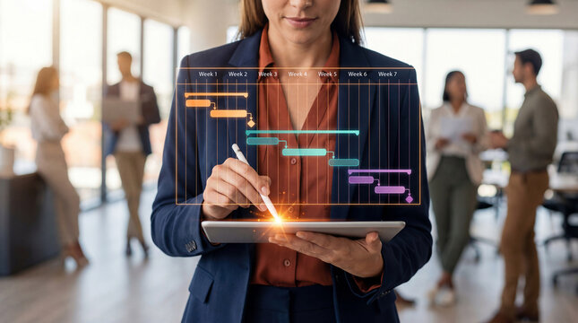 Corporate female manager scheduling business workflow on hologram Gantt chart in modern office., Corporate strategy for finance, operations, sales, marketing.