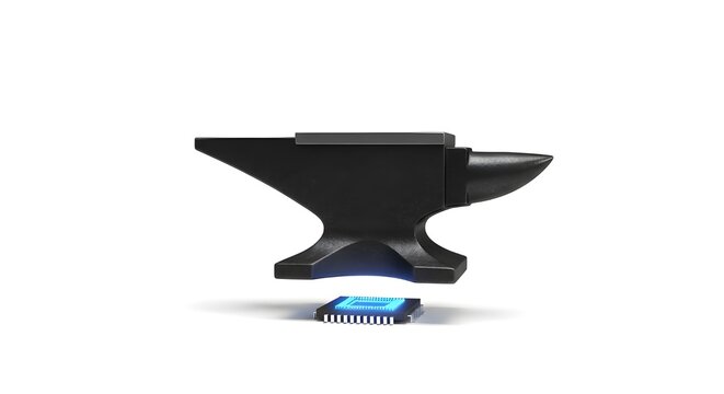 Heavy black metal anvil about to crush a computer microchip technology risk