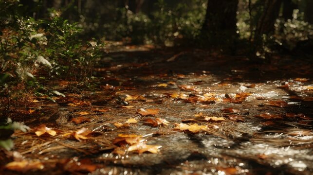 Autumn leaves and twigs scattered across a damp forest path with dappled sunlight