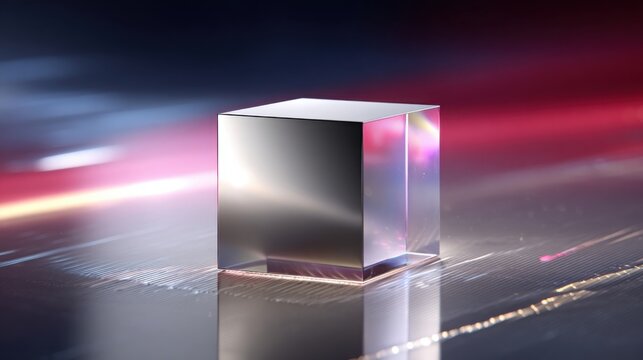 Sleek Metallic Data Cube Reflecting Vibrant Futuristic Light on Abstract Background