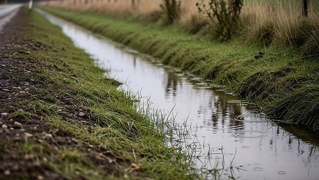 Narrow drainage ditch runs alongside a gravel path, bordered by lush green grass and reflecting the surrounding trees and sky.