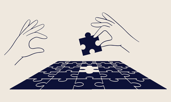  Jigsaw puzzle solution concept, fitting the final piece, problem solving strategy, business goal achievement, team cooperation success, missing piece found, logical thinking challenge
