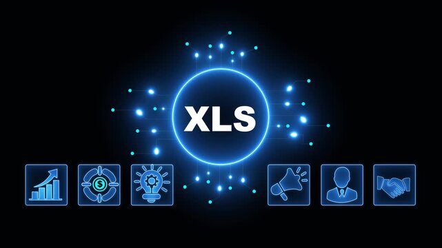 XLS Acronym on Central Circuit Board. Digital Data Neon Circuit Board Concept. Idea, Growth, Target, Marketing, Lock, and Person Icons. Digital Technology Blue Background. 4k Video
