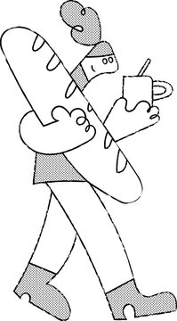 Hand-drawn character walking with baguette and coffee cup