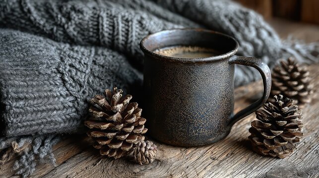 Coffee in Rustic Tin Mug Beside Pinecones and Wool Blanket