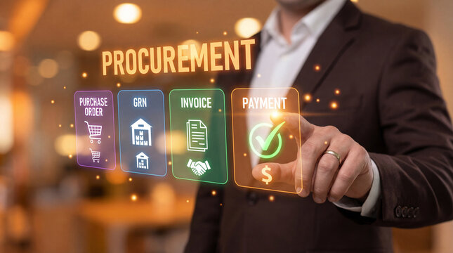 Businessman touching virtual procurement dashboard for purchase order, GRN, invoice, and payment. ERP software and procurement management concept with glowing virtual business workflow icons.