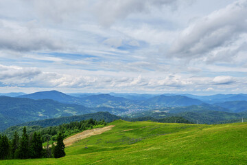 Fototapeta premium Green Meadow with Mountain Panorama