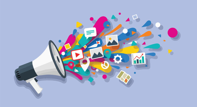 A vibrant megaphone spraying out icons and shapes on a blue background, flat design, concept for marketing strategies, advertising campaigns, and social media promotions.