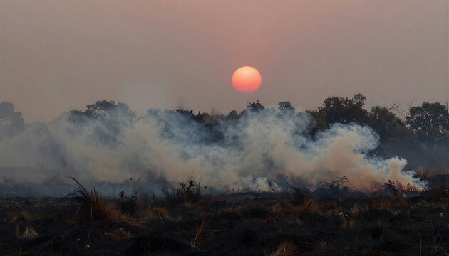 Thick smoke rises from a wildfire burning the wetland vegetation under a red sun