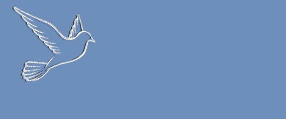 Fototapeta premium dove outline in white with sketchy effect and shadow at the left side of a wide blue background