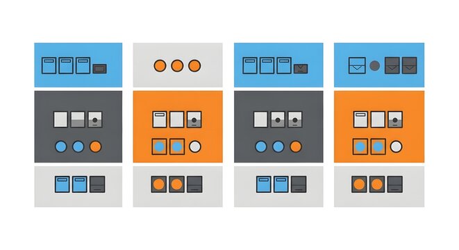 Industrial HMI Factory Control Panel UI Icon with Digital Switch Blocks and Status Indicators. 