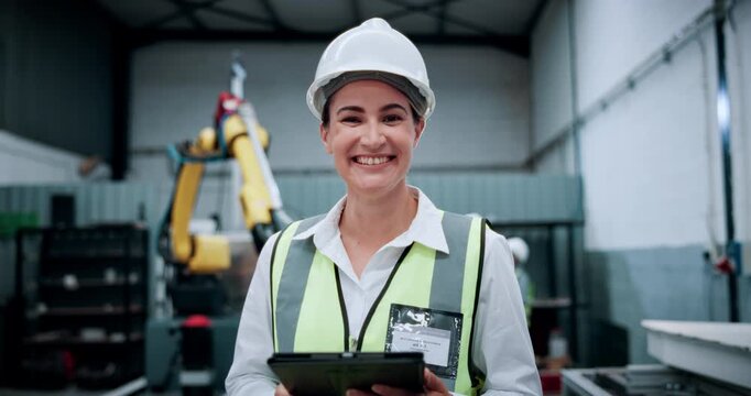 Factory, robotics and face of woman on tablet for assembly line, software update and inspection. Automation, portrait and person on digital tech for system diagnostics, design or technical manual