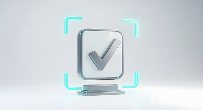 Isolated 3D Quality Assurance Icon for Premium UI/UX and Dashboard Design. Modern Minimalist Vector-Style Render featuring a Raised Check Tile and Luminous Detection Frame.
