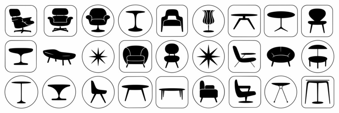 Black mid-century modern furniture icon sheet &ndash; Suitable for minimalist home design, retro upholstery, or interior styling.