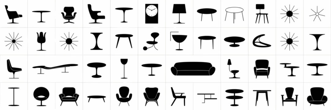 Mid-century modern furniture silhouettes &ndash; Perfect for interior design history, retro decor blogs, or furniture catalogs.