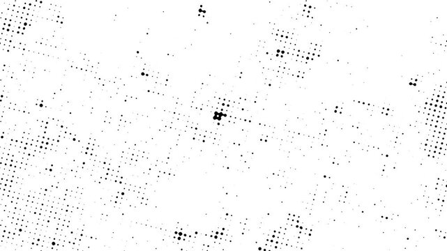 Seamless looping animated background.Dynamic white dot clusters and grids pulse and evolve on a black surface.