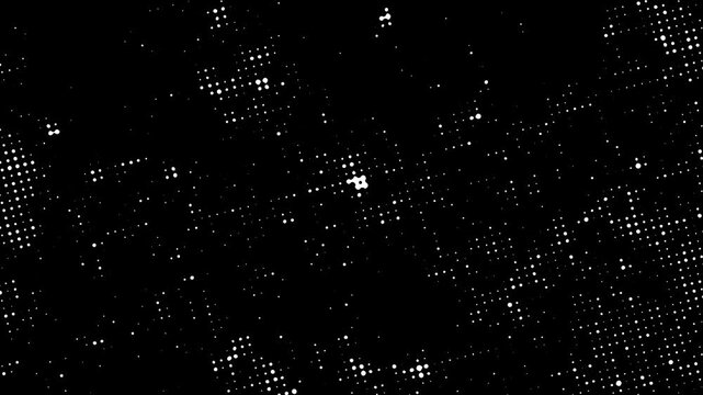 Abstract Halftone Pulsing Dot Background Loop,Dynamic white grid clusters and dots evolving on a black surface.
