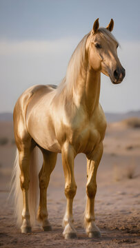 Golden akhal teke horse standing in desert with metallic coat shine