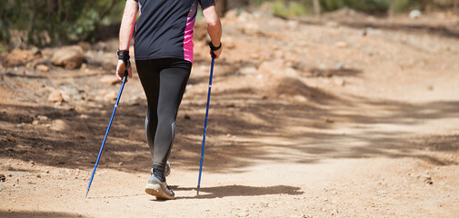 Senior man walking in forest with Nordic walking sticks, sunny summer day. An active lifestyle in retirement, a hike in nature