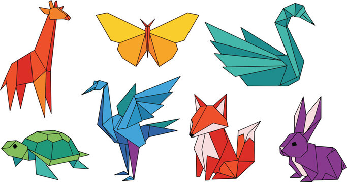 Colorful low poly animals collection with giraffe butterfly swan bird fox turtle and rabbit geometric vector illustration set