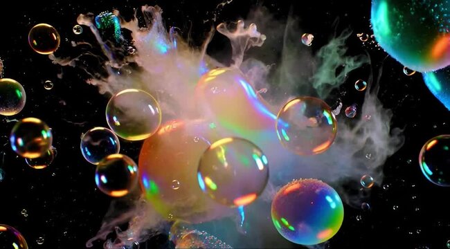 Colorful Soap Bubbles Floating on Black Background &ndash; Vibrant Abstract Motion 4K 60fps