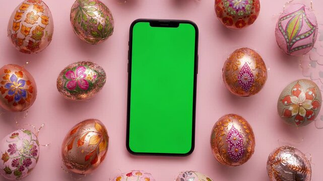 Smartphone with Green Screen Surrounded by Decorated Easter Eggs on Pink Background