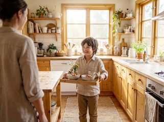 Smiling young boy carrying wooden breakfast tray with bowls of fruit and flowers to his mother in cozy rustic kitchen as concept of Happy Mother's Day surprise, childhood joy, and family love