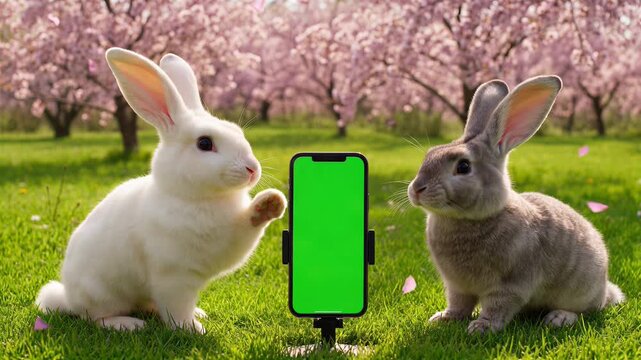 Two Rabbits with Smartphone Green Screen in Spring Orchard