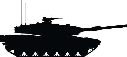 Black silhouette of a modern main battle tank with rotating turret and long gun barrel isolated on white background vector © MsAbuBakkar