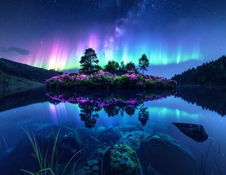 Fantasy landscape with aurora borealis over bioluminescent lake and magical forest