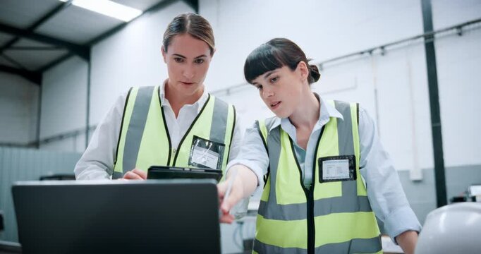 People, engineer and reading with tablet at warehouse for planning, machine update and technical guide. Team, digital and production manual, automation safety and diagnostics report for manufacturing