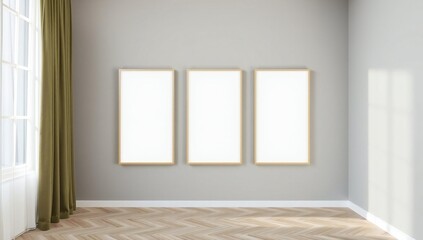 Fototapeta premium Minimalist room with three empty frames