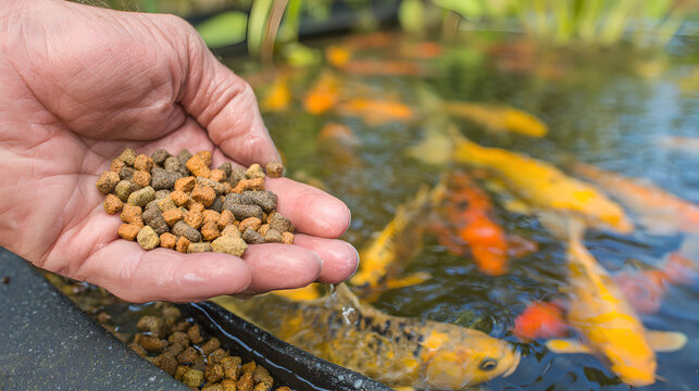 Persons hand feeding brown and orange fish food pellets into a pond

