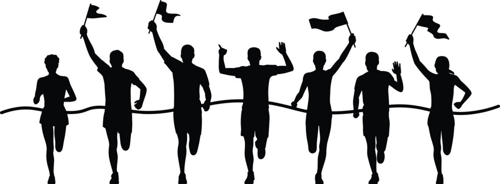 Black silhouette of male and female marathon runners crossing the finish line with flags and celebrating victory on white background