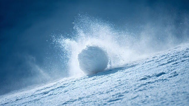 A giant snowball rolling down a steep and snowy mountain slope rapidly

