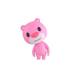 Fototapeta premium Cute 3D render Pink Bear character leaning slightly and looking at the camera with a curious expression, gentle and inquisitive mascot style, isolated on white background.