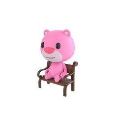 Fototapeta premium Cute 3D render Pink Bear character sitting calmly on a bench, relaxed and peaceful pose, isolated on white background.