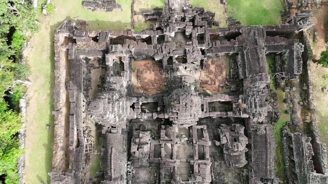 Aerial close-up of ancient Khmer architecture at Banteay Kdei temple, Siem Reap