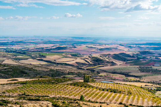 Panoramic view at day of the Huesca Province landscape in Aragon Region, Spain showing agriculture fields