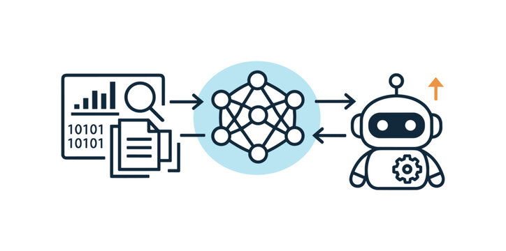 Digital machine learning workflow within a modern research setting aimed at structuring information and generating improved outputs, a compact neural node cluster icon connected to
