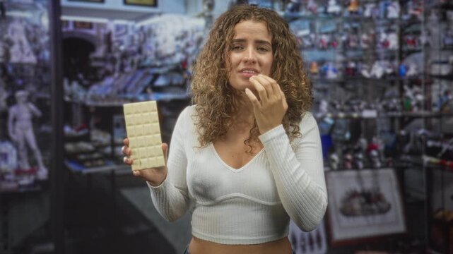 Woman with curly hair holding a large white chocolate bar, hand to cheek and nibbling a piece while grimacing in a souvenir shop; hesitation taste test.