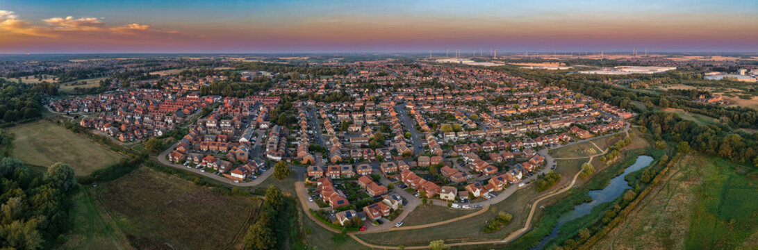 A panoramic aerial view of the Barton Seagrave housing development in Kettering, Northamptonshire, UK