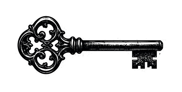 A vintage skeleton key shown in side profile, enlarged and centered so the ornate bow and long shaft fill most of the frame, creating an elegant yet bold