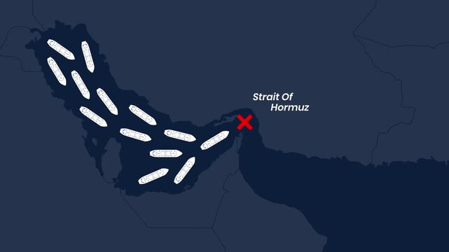 4K Map Animation Showing Oil Tankers And Ships Are Stuck In Persian Gulf With Strait Of Hormuz Blocked By Red Cross Symbolizing Shipping Disruption And Trade Crisis