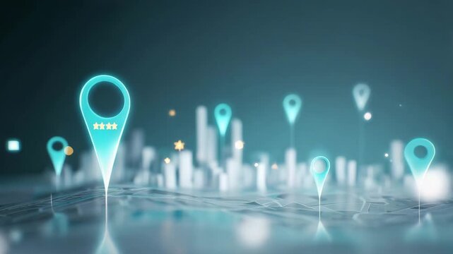 Glowing location pins on digital city network, GPS navigation, smart mobility, geolocation technology, route tracking, connected transportation, data mapping