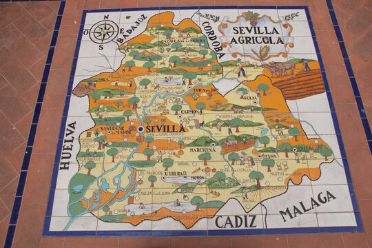 Cermaic tile map depicting the Agricultural Regions of Seville, Plaza de Espa&ntilde;a, Spain