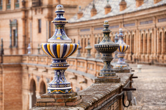 Detailed view of a ceramic balustrade finial, Plaza ed Espa&ntilde;a, Seville, Spain