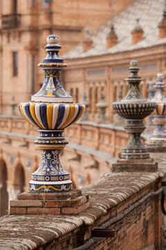 Detailed view of a ceramic balustrade finial, Plaza ed Espa&ntilde;a, Seville, Spain
