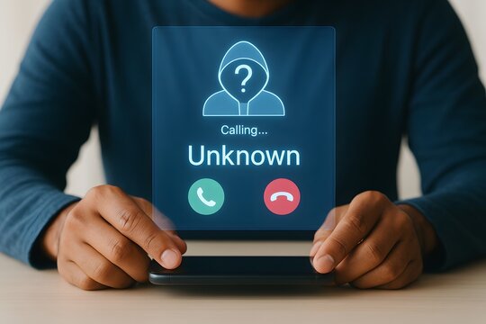 Person holds a smartphone displaying an 'unknown' caller id with a question mark icon, representing a potential scam call or unsolicited contact.